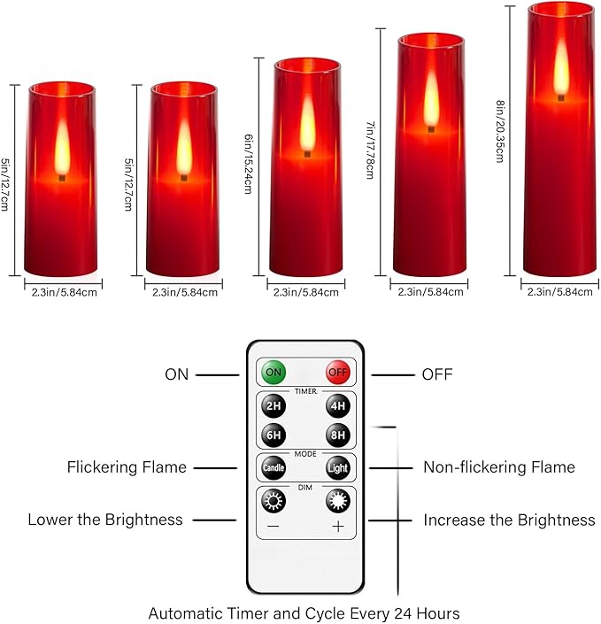 Flameless LED Candles, Upgraded Realistic Flickering Flame Battery Operated Candles with Remote Timer, Acrylic Electric Set of 5 for Romantic Ambiance and Home Decoration（Red）