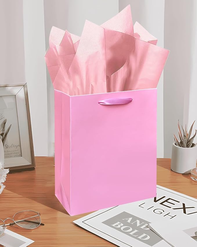 Gcardist Pink Gift Bags with Tissue Paper for Wedding, Birthday, Party - Medium Size Cardboard Gift Bags (5pcs + 10pcs Tissue Paper)