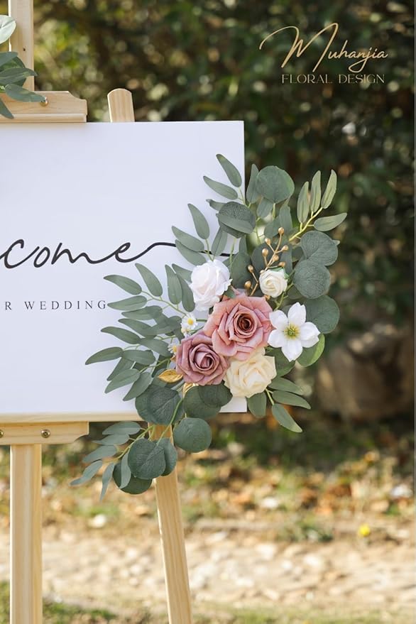 Wedding Sign Faux Flower Swag (Pack of 2) for Ceremony Party Reception Entrance Floral Decor Wall Easel Stand for Wedding Poster Welcome Sign (Champagne&Dusty Rose)