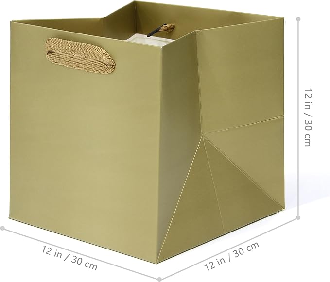 Gold Square Gift Bag 12 in Paper Gift Box Large Square Bottom Kraft Paper Bags with Handles for Party Favor, Birthday Gift Bags (Gold, 12 x 12 x 12 in, 10 CT)