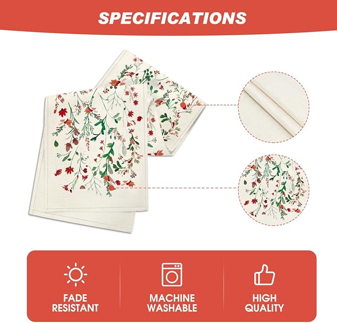Artoid Mode Floral Leaves Christmas Table Runner, Wild Flowers and Grasses Winter Kitchen Dining Table Decoration for Home Party Decor 13x60 Inch