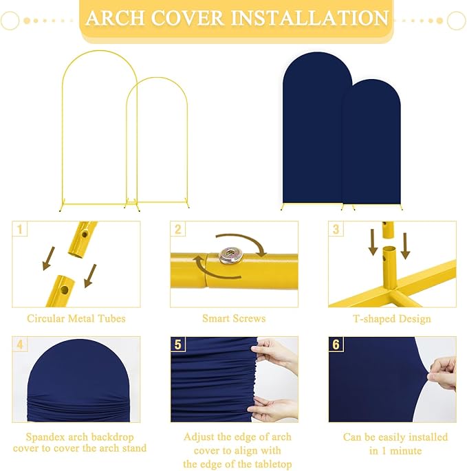 Party Arch Backdrop Stand and Cover Set 6FT 7.2FT Navy Blue Spandex Arch Covers Gold Metal Arch Stand Backdro Chiara Balloon Arched Stand Frame with Covers for Birthday Party Reception Decor