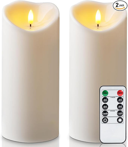 Amagic 4” x 9” Large Outdoor Waterproof Flameless Candles with Remote, Battery Operated Candles with Timer, Flickering Fake LED Pillar Candle for Patio Yard Porch Decor, Ivory White, Set of 2