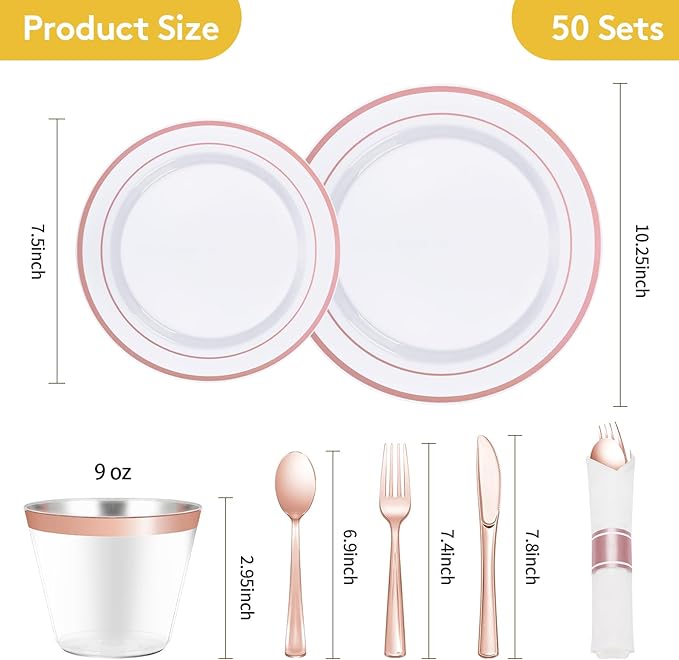 Goodluck 350 Piece Rose Gold Plastic Dinnerware Set for 50 Guests, Fancy Disposable Plates for Party, Include: 50 Dinner Plates, 50 Dessert Plates, 50 Pre Rolled Napkins with Silverware, 50 Cups