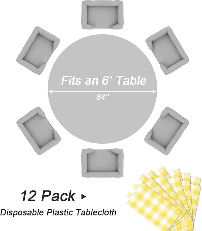 QIKSION Yellow Gingham Round Tablecloth 12 Pack, 84 Inch Plastic Checkered Table Cover Disposable for Parties
