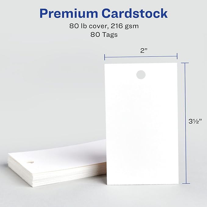 Avery Rectangle Tags, Sure Feed Technology, 2" x 3.5", Matte White, Strings Included, 80 Total, Print-to-The-Edge, Laser/Inkjet Printable (80514)