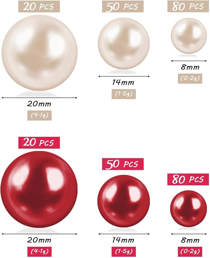 300Pcs Cream&Red Polished No Hole Faux Pearl Beads for Vase Filling Decorations, Plastic Pearls Vase Fillers, Table Scatters, Wedding Centerpiece, Home Decor, 8/14/20 mm
