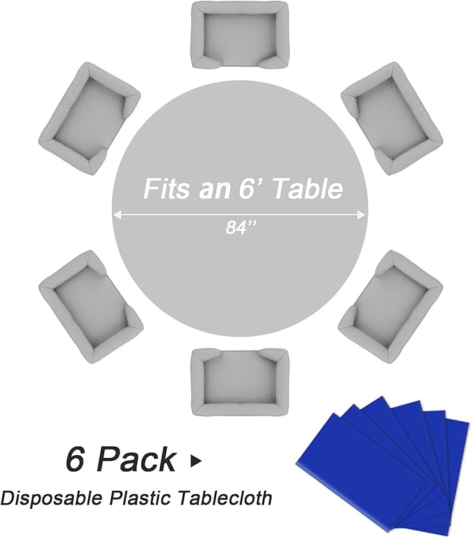 QIKSION Dark Blue Round Tablecloth 6 Pack, 84 Inch Plastic Table Cover Disposable for Parties