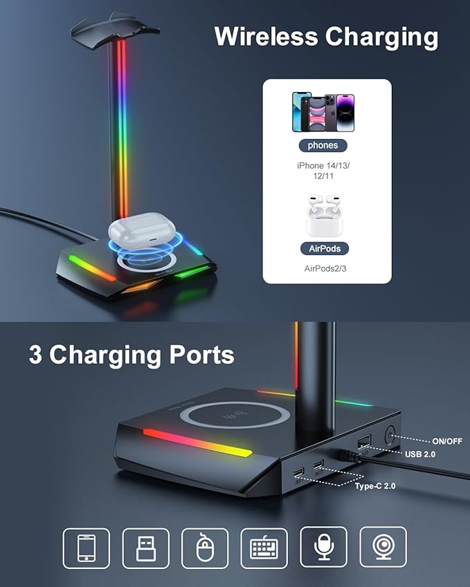 New bee RGB Headphone Stand with 2 USB-C & 1 USB Charging Ports, Desk Gaming Headset Holder with 7 Light Modes and Non-Slip Rubber Base Suitable for All Earphone Accessories