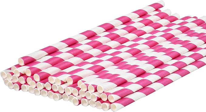 7.75 inch Hot Pink Striped Paper Straws for Drinking - Unwrapped, 100 Counts - for Party, Wedding, Cocktail, Beverage