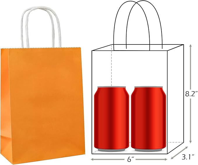 25 PCS Small Gift Bags Orange Kraft Paper Bags with Handles for Party Favors (8.2 x 6 x 3.1 In)