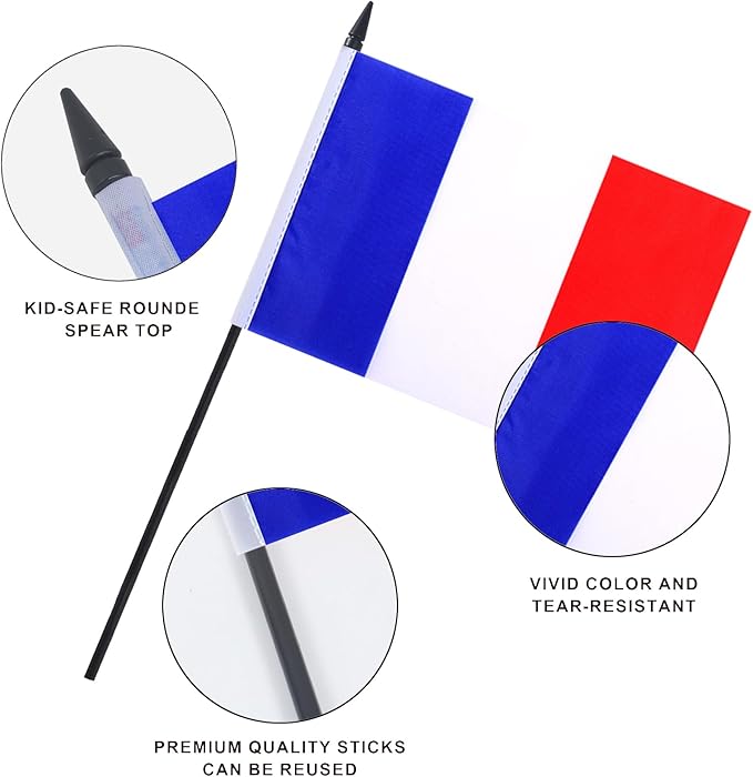 France Desk Flag 12" Solid Pole Deluxe Set French Flags Banner Mini Small France Office Table Flags with Black Stand Base Desktop Decorations(2Pack)