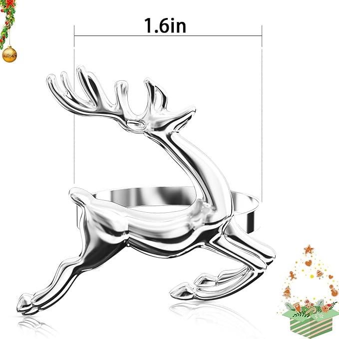 ZeeDix Silver Reindeer Christmas Napkin Rings Set of 6, Napkin Holder Ring for Christmas Dinner Table Decor Cloth Napkins, Wedding Receptions, Holiday Party, Banquet and Home Kitchen