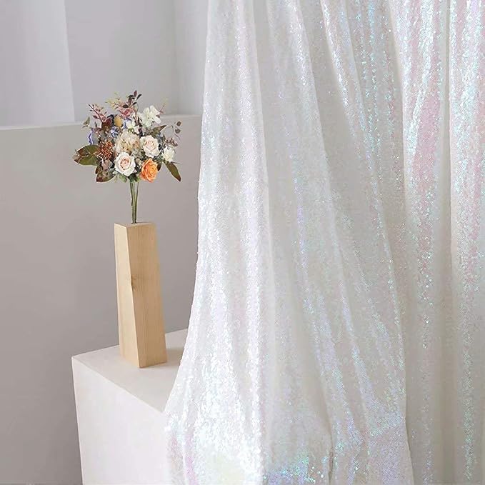Eternal Beauty White Iridescence Sequin Backdrop Curtains, Shimmer Back Drop 4Panels-2FTx8FT for Christmas, Party, Birthday, Photography, Wedding, Baby Shower Event Decoration