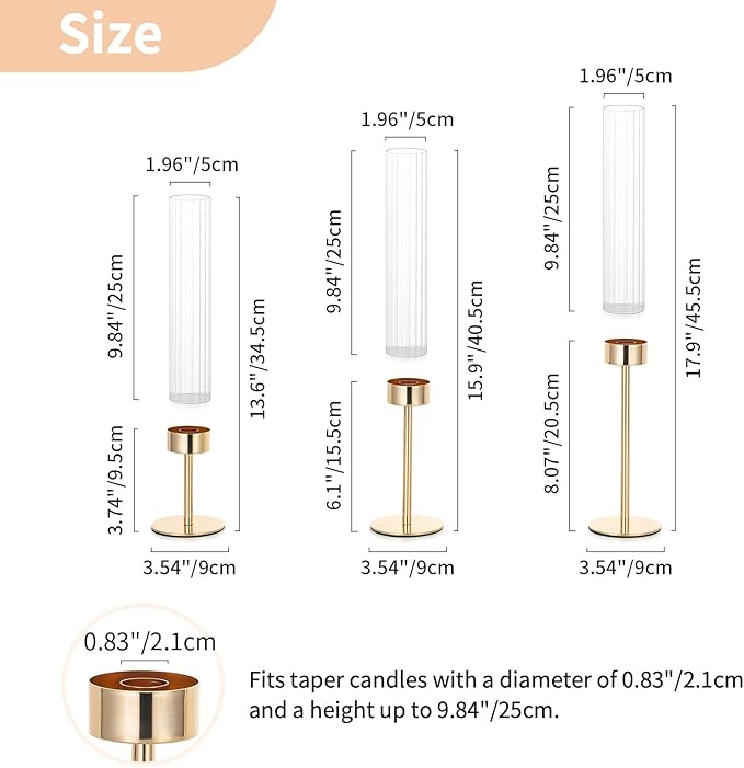 NUPTIO Hurricane Candle Holder for Centerpiece: Set of 6 Tall Candle Stick Holder with Ribbed Glass Cover - Bulk Fluted Taper Candlestick Decor for Living Room Thanksgiving Christmas