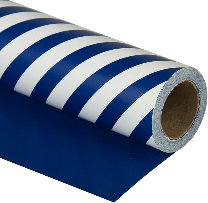 WRAPAHOLIC Reversible Wrapping Paper - Mini Roll - 17 Inch x 33 Feet - Navy and Stripes Design for Birthday, Holiday, Wedding, Baby Shower