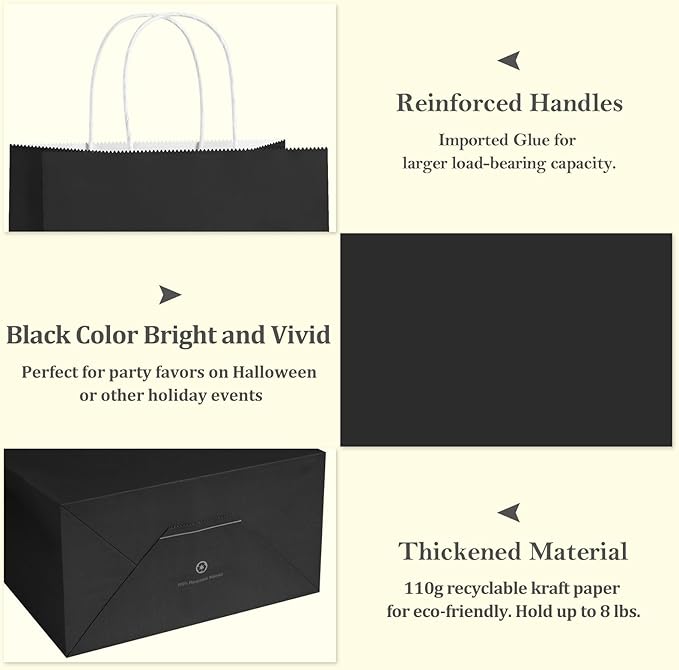 BagDream Black Gift Bags 8x4.25x10.5 100Pcs Kraft Paper Bags with Handles Bulk for Wedding, Party Favor, Grocery, Shopping, Retail, Merchandise Medium Paper Gift Sacks