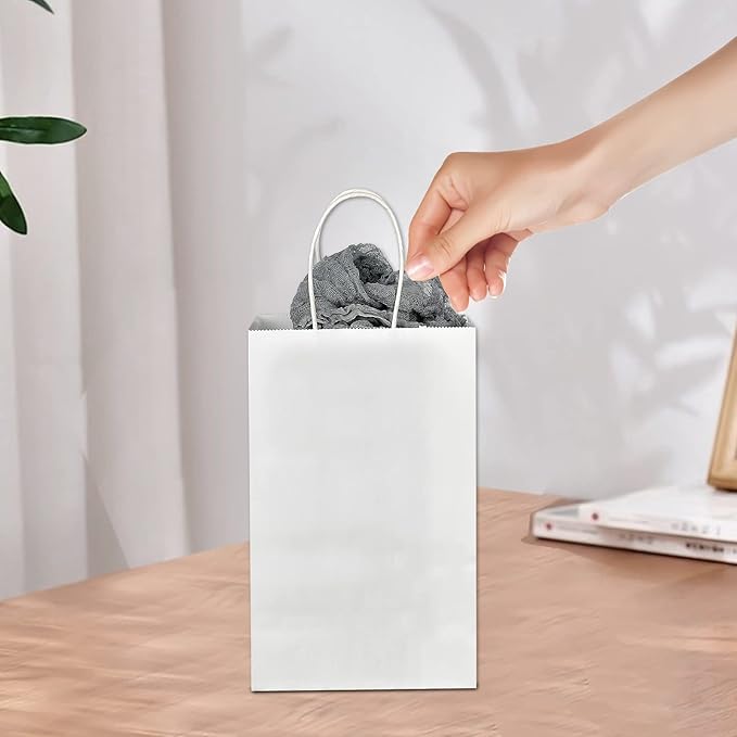 Toovip 50 Pack 5.25x3.25x8.25 Inch Small White Kraft Paper Bags with Handles Bulk, Gift Wrap Bags for Favor Grocery Retail Party Birthday Shopping Business Goody Craft Merchandise Take Out Cub Sacks
