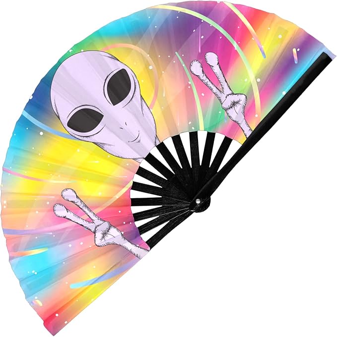GloFX Rave Fan - Rainbow Alien - Large Folding Fan - Festival Gear for Music Festival Outfits, Rave Enthusiasts, and Cosmic Vibes