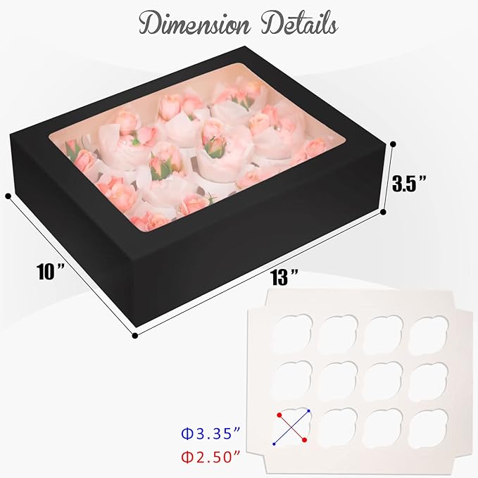 12 Cupcake Containers 10-Packs Black Cupcake Box Cupcakes Carrier, 12 Cupcake Boxes with Window 13"x10"x3.5"（Auto-pop up）