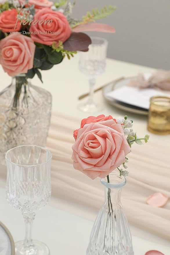 Floroom Artificial Flowers 50pcs Real Looking Mixed Living Coral Foam Fake Roses with Stems for DIY Wedding Bouquets Bridal Shower Centerpieces Floral Arrangements Party Tables Home Decorations