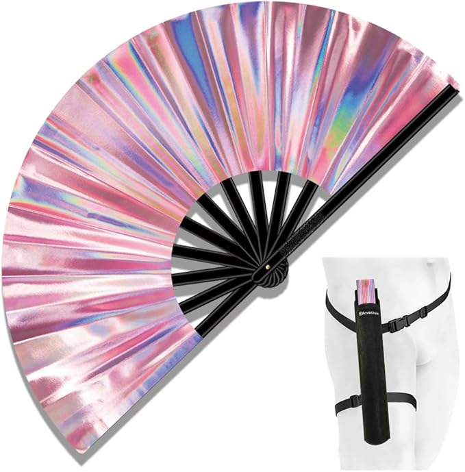 13" Large Folding Rave Fan with Holster, Clack Hand Fans Foldable for Line Dancing, Boots On The Ground Fan for Women Men Festival EDM Party Decoration, Holographic Pink