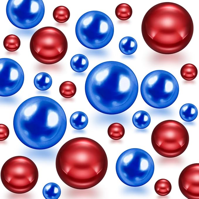 150Pcs Blue&Red Polished No Hole Faux Pearl Beads for Vase Filling Decorations, Plastic Pearls Vase Fillers, Table Scatters, Wedding Centerpiece, 8/14/20 mm, 4th of July Independence Day Home Decor