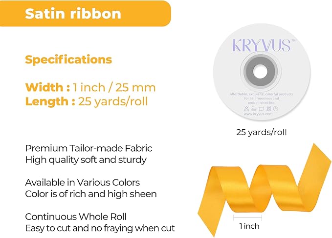 Yellow Satin Ribbon 1 inch X Continuous 25 Yards, Single Face Polyester Ribbon Perfect for Gift Wrapping, Flower Bouquet, Wedding Decor, Crafts, Bow Making, Sewing and More