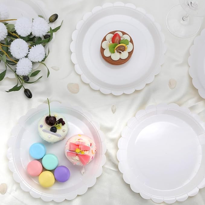 24 Pcs White Paper Plates 9 Inch Scalloped Dessert Plates - Disposable White Cake Plate - Baby Shower Birthday Party Wedding Bridal Party Supplies