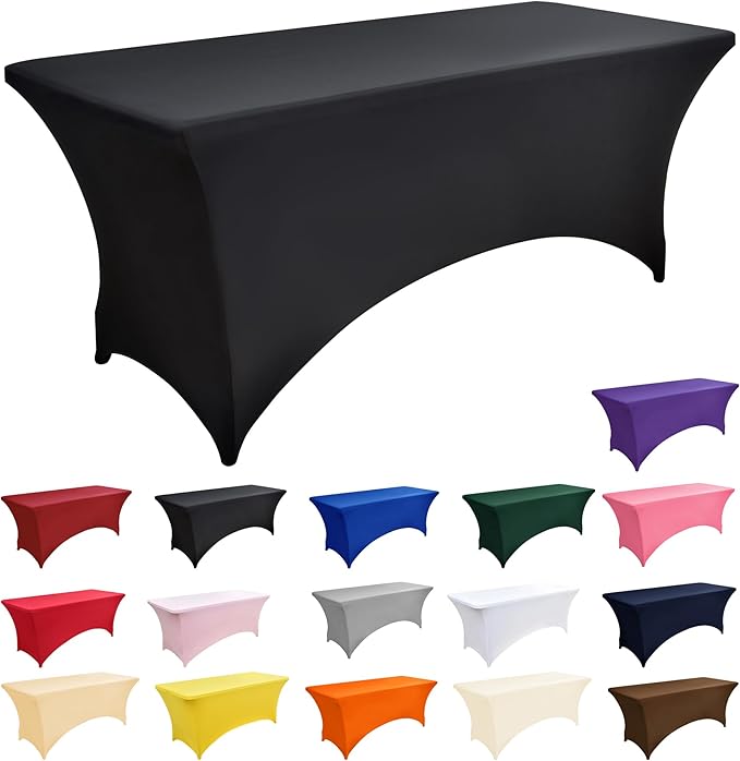 6-Pack 8ft Black Spandex Table Covers for Rectangle Folding Tables - Washable Elastic Tablecloth - Ultimate Fitted Table Protector for Birthday Parties, Trade Shows, Banquet