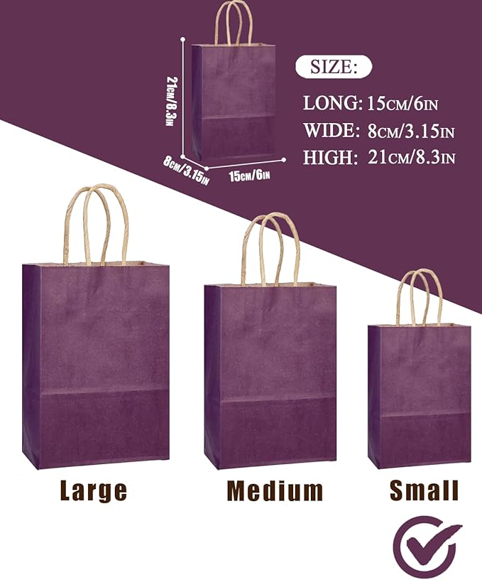qiqee Aubergine Gift Bag with Handles Bulk 24Pcs Paper Bags -8.3"x6"x3. 15" Party Favor Bags - Solid Color