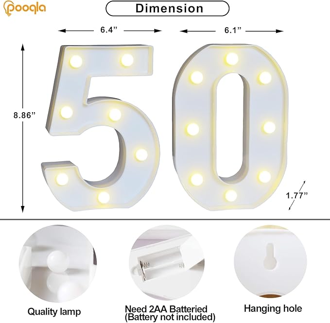 Pooqla 50th Birthday Decoration for Woman Man, Decorative LED Light Up Numbers, Marquee Numbers 50 Sign for Party Backdrop 50th Wedding Anniversary Decor, Warm White and Cool White Number 50