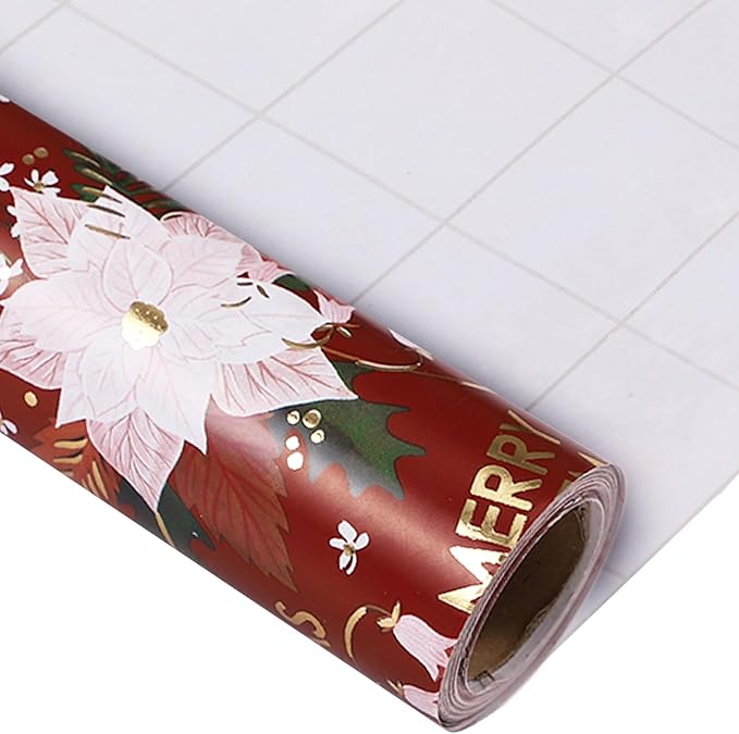 LeZakaa Christmas Wrapping Paper Roll - Red Flower & Merry Christmas Gold Foil Pattern for Holiday, Party - 17 inches x 32.8 Feet (46.45 sq.ft.)