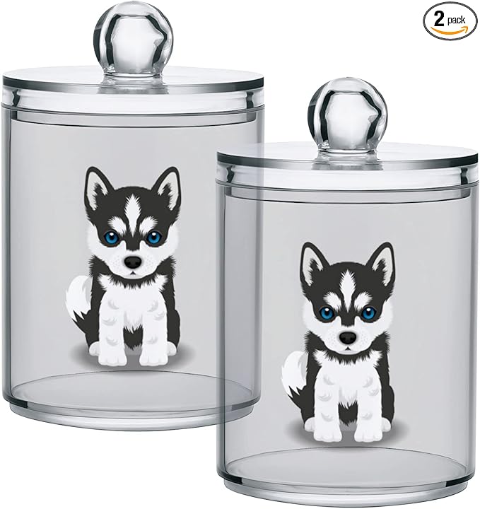 2 Pack Qtip Dispenser Apothecary Jars Dog Bathroom Organizer, Siberian Husky Puppy Qtip Holder Storage Canister Plastic Acrylic Jar for Cotton Ball/Swab/Rounds