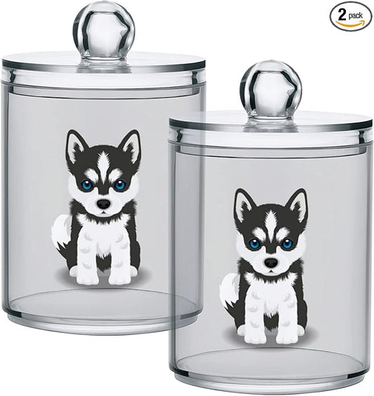 2 Pack Qtip Dispenser Apothecary Jars Dog Bathroom Organizer, Siberian Husky Puppy Qtip Holder Storage Canister Plastic Acrylic Jar for Cotton Ball/Swab/Rounds