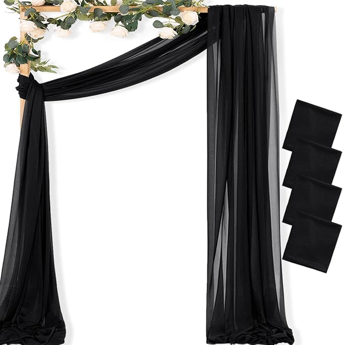 MLMC Black Wedding Arch Draping Fabric 4 Panels 29" x 20 FT Extra Long Gauze Drapes Sheer Backdrop Curtains 6.6 Yards Outdoor Drapery Panels for Wedding Ceremony Party Ceiling Decoration