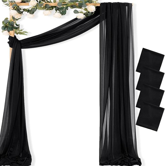 MLMC Black Wedding Arch Draping Fabric 4 Panels 29" x 20 FT Extra Long Gauze Drapes Sheer Backdrop Curtains 6.6 Yards Outdoor Drapery Panels for Wedding Ceremony Party Ceiling Decoration