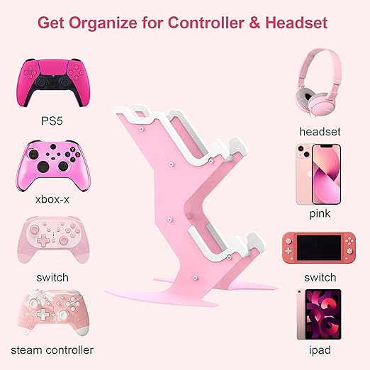 Controller Holder Pink, Game Controller Rack Headset Stand for Xbox Series X S/Xbox one / PS5 / PS4 / NS/PC/Headset, Aluminum Metal Headset Mount Universal Organizer for Video Game Accessories