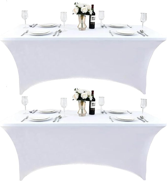 2-Pack 4ft White Spandex Table Covers for Rectangular Folding Tables - Wrinkle Resistant Stretch Tight Table Cloths - Ultimate Fitted Table Protector for Parties, Banquet, and Wedding