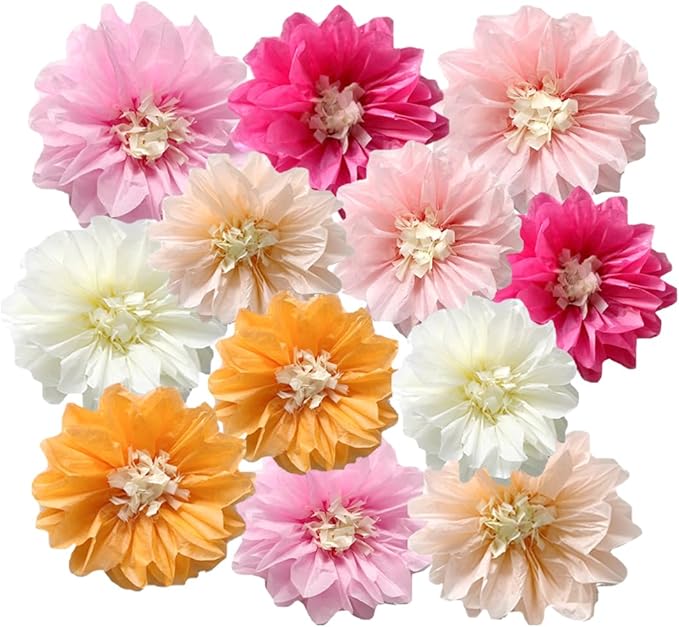 12pcs 10in 12in Paper Flowers Tissue Flowers Pom Paper Pom Poms Hanging Flowers Wall Backdrop Wedding Party Flower Decorations DIY Art Craft Blooms for Birthday Baby Shower Nursery Decor Multi
