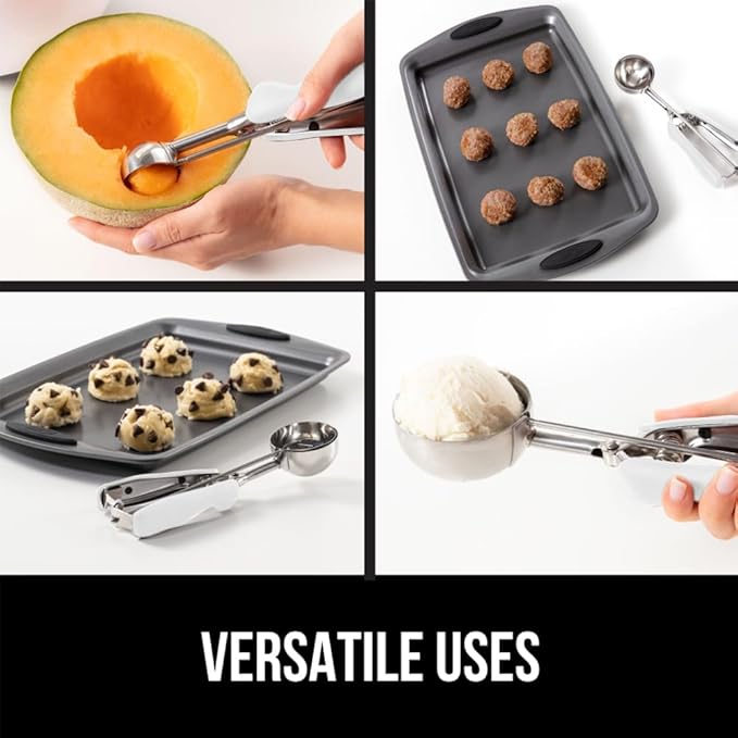 GORILLA GRIP Stainless Steel Multipurpose BPA-Free Spring Scoop, 2 TBSP, Melon Ballers, Cookie Dough Scoops, Perfect Portion Sizes, Easy Squeeze and Clean Release, Scooper Size 40, White