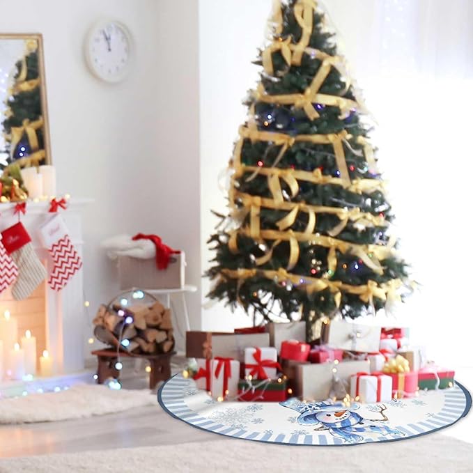 Let It Snow Snowman Christmas Tree Skirt 36 Inches, Blue Snowflake Tree Skirt, Winter Xmas Tree Mat for Home Party Holiday Indoor Outdoor Decorations (Blue, 36in)