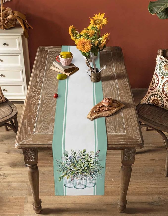 Eucalyptus Cotton Linen Table Runner for Dining Kitchen, Wedding Outdoor Party Tablerunners Decoration, Green Leaves Botanical Plants Watercolor Dresser Scarf Coffee Tablecloth Runners 13x120 Inches