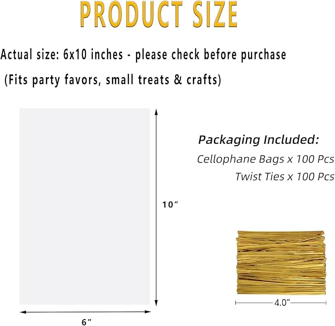 SUREHOME Cellophane Bags, 100 Pack Clear Gift Bag Cellophane Treat Bags with Ties 6x10 Inch Plastic Small Cello Candy Bag for Party Favors Easter Goodie Graduation Cookies Bakery Popcorn Wraps