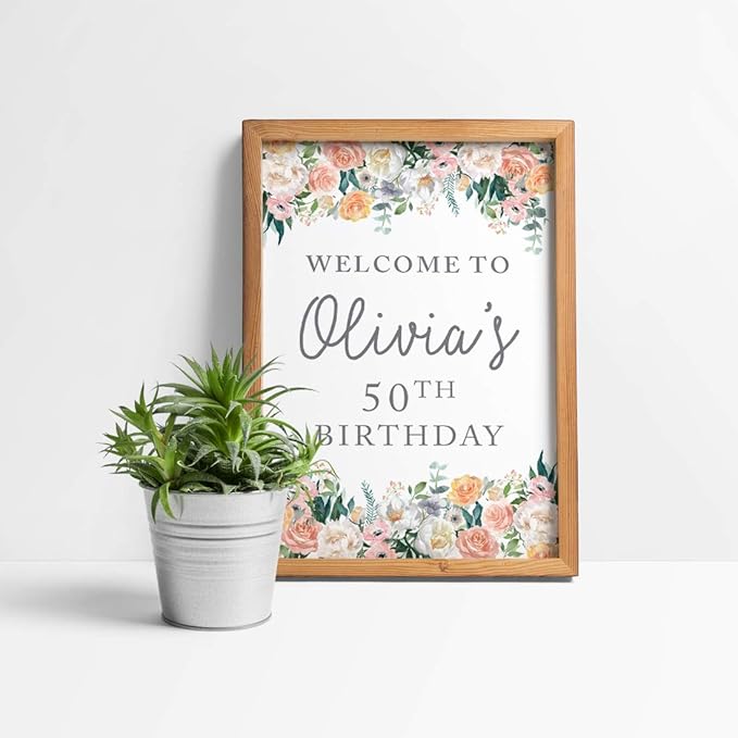 Andaz Press Personalized Extra Large Birthday Easel Board Party Sign, 12x18-inch, Peach Coral Floral Flowers Roses on White, Welcome to Olivia's 50th Birthday, 1-Pack, Custom Name Age