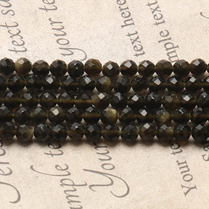 Song Xi 90pcs 4mm Natural Gold Obsidian Gemstone Beads Faceted Round Loose Stone Beads for Jewelry Making