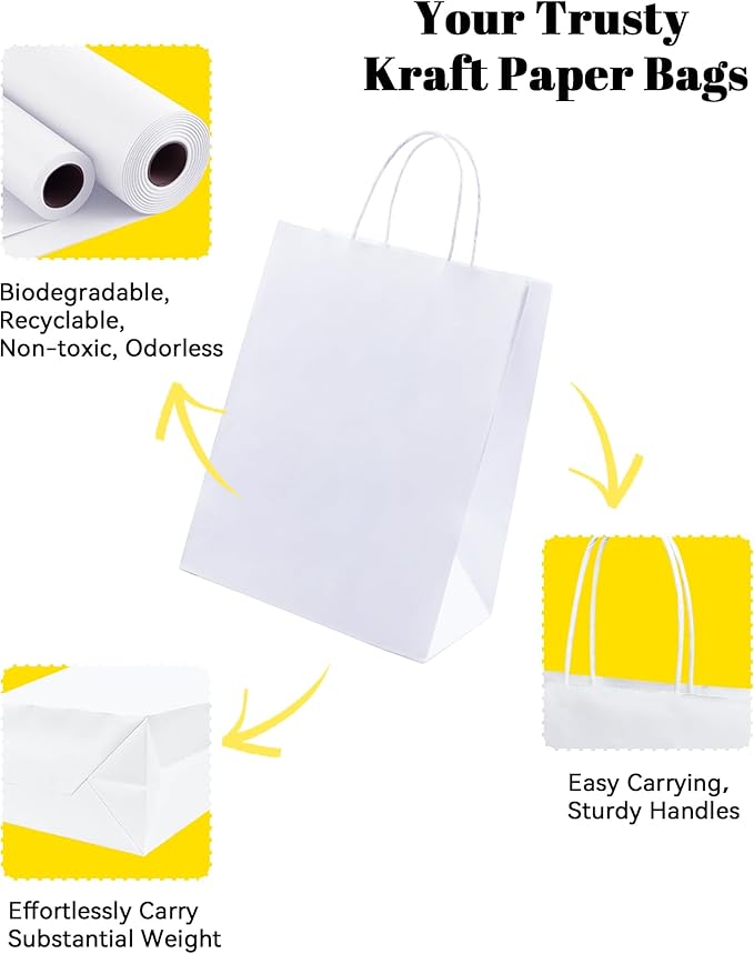 BAG BOX 100 Pack 5.9x3.1x8.25 Inch White Gift Bags with Handles,Bulk Kraft Paper Bags for Shopping, Retail, Merchandise, Wedding, Party Favors, Paper Grocery Sacks