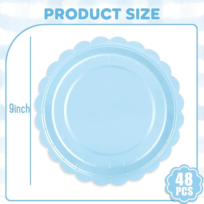 48 Pcs Light Blue Paper Plates 9 Inch Scalloped Dessert Plates - Disposable Light Blue Cake Plate - Baby Shower Birthday Party Wedding Bridal Party Supplies