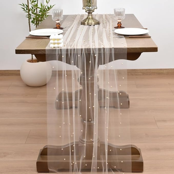 Joanlody Fall Pearl Table Runner 10ft Rustic Boho Tulle Table Runner with Pearls for Baby Shower Wedding Party Veil Dessert Thanksgiving Table Decor Champagne