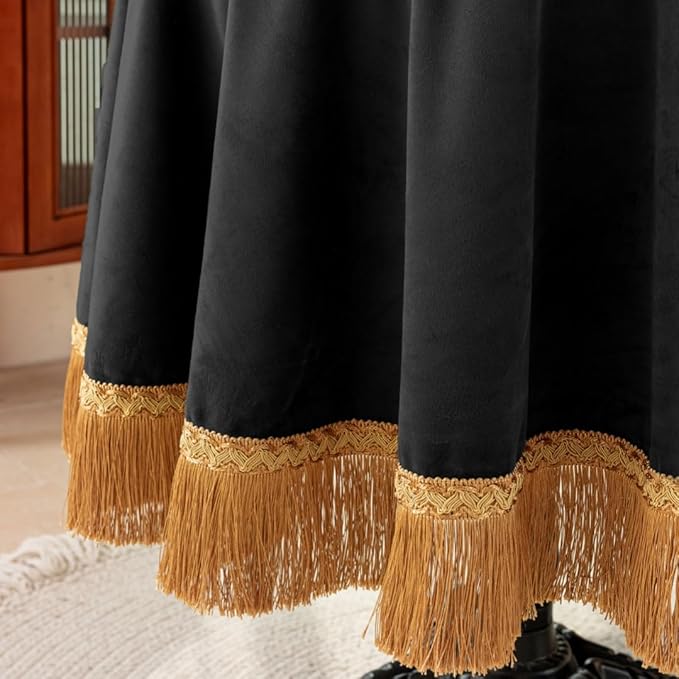 F-CHU Luxury Black Tablecloth Thickset Velvet Tablecloth with Beautiful Gold Tassels Vintage Table Cloth for Home Decor Wedding, Party, Banquet and Events 48" Round